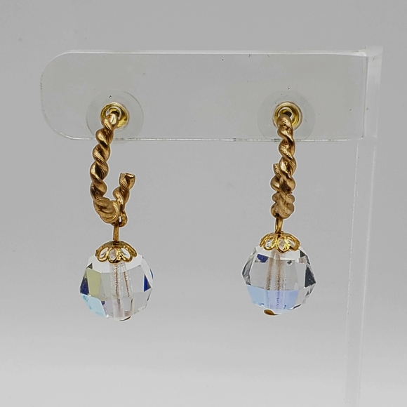 AB Crystal Faceted Bead Hoop Earrings Twisted Gold Tone Pierced Drop Dangle - Picture 6 of 6